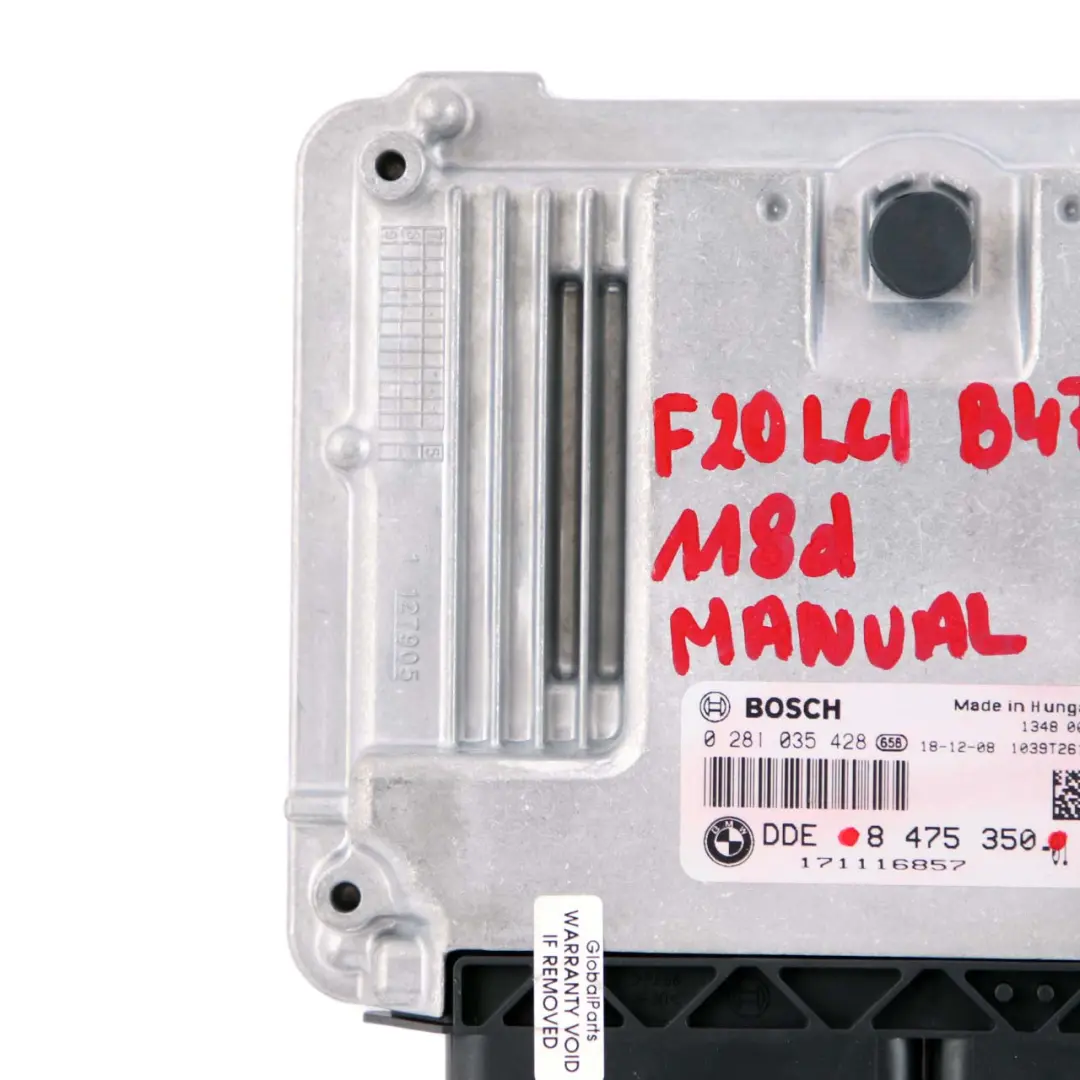 B47 150HP ECU Control Unit Module DDE Manual to BMW F20 F21 LCI 118d Diesel with Part number 8475350 BMW F20 F21 LCI 118d Diesel B47 150HP ECU Control Unit Module DDE Manual - SKU 8475350 - Part number 8475350