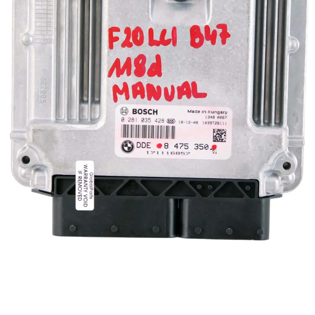 B47 150HP ECU Control Unit Module DDE Manual to BMW F20 F21 LCI 118d Diesel with Part number 8475350 BMW F20 F21 LCI 118d Diesel B47 150HP ECU Control Unit Module DDE Manual - SKU 8475350 - Part number 8475350