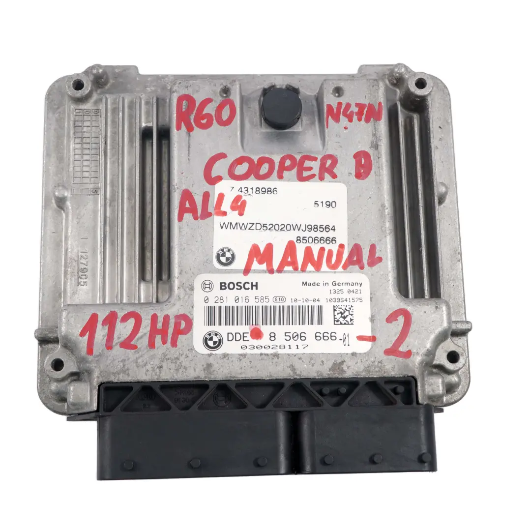 N47N Unidad De Control del Motor Diesel ECU DDE Manual para Mini D R60 ALL4 con número de pieza 8506666 Mini D R60 ALL4 N47N Unidad De Control del Motor Diesel ECU DDE Manual - SKU 8506666 - Número de pieza 8506666