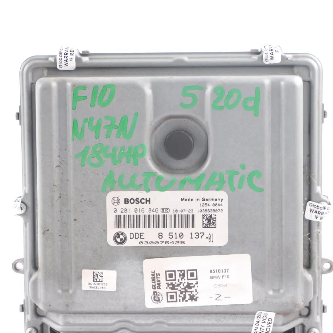 BMW F10 F520D Diesel N47N 184HP Motor ECU Unidad Control DDE Automático - SKU 8510137 - Número de pieza 8510137