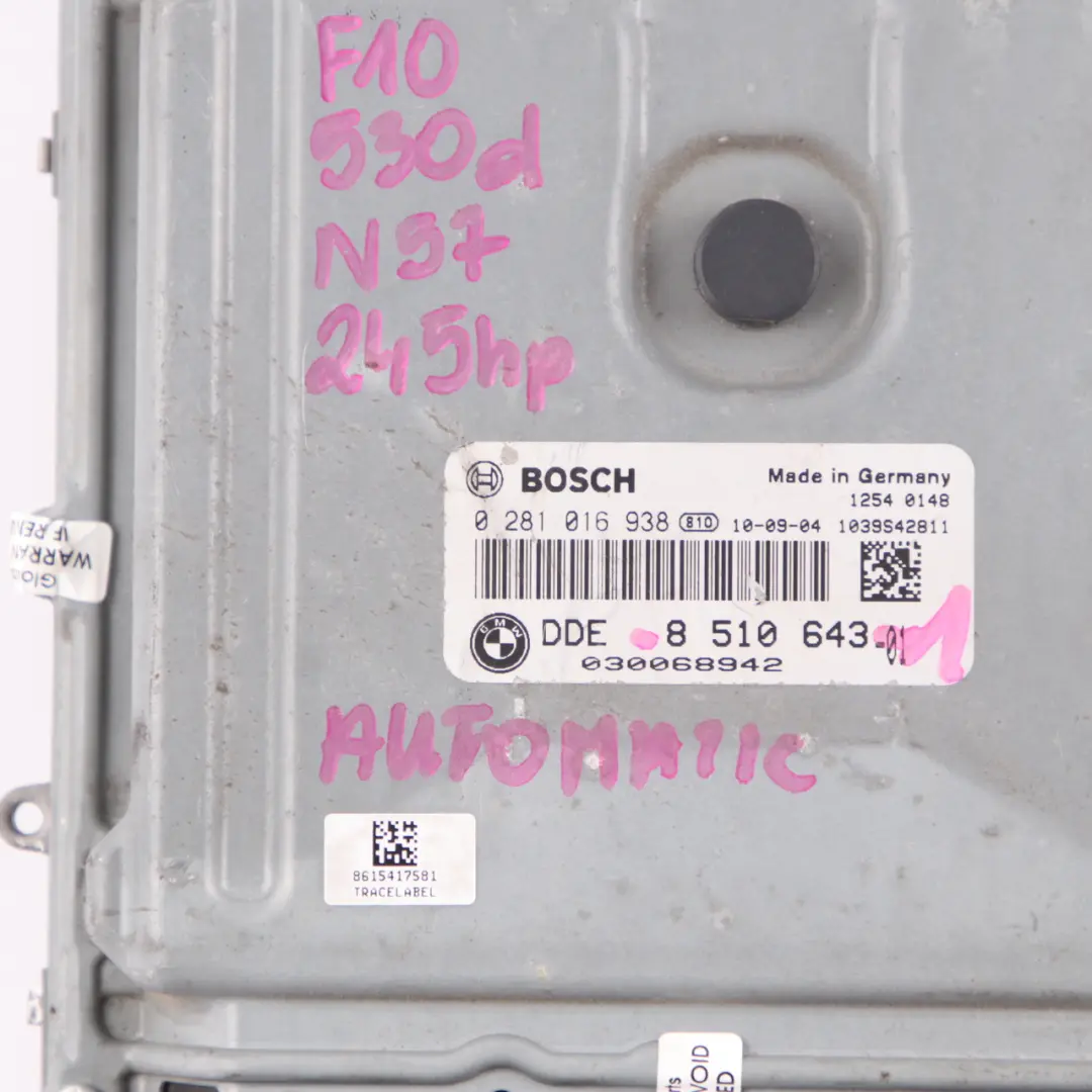 BMW F10 F11 530d N57 245HP Motor Control ECU Kit Módulo DDE CAS4 Clave - SKU 8510643-1 - Número de pieza 8510643