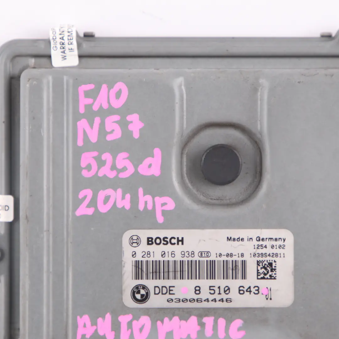 N57 204HP Engine Control Unit ECU Module DDE Automatic to BMW F10 F11 525d with Part number 8510643 BMW F10 F11 525d N57 204HP Engine Control Unit ECU Module DDE Automatic - SKU 8510643 - Part number 8510643