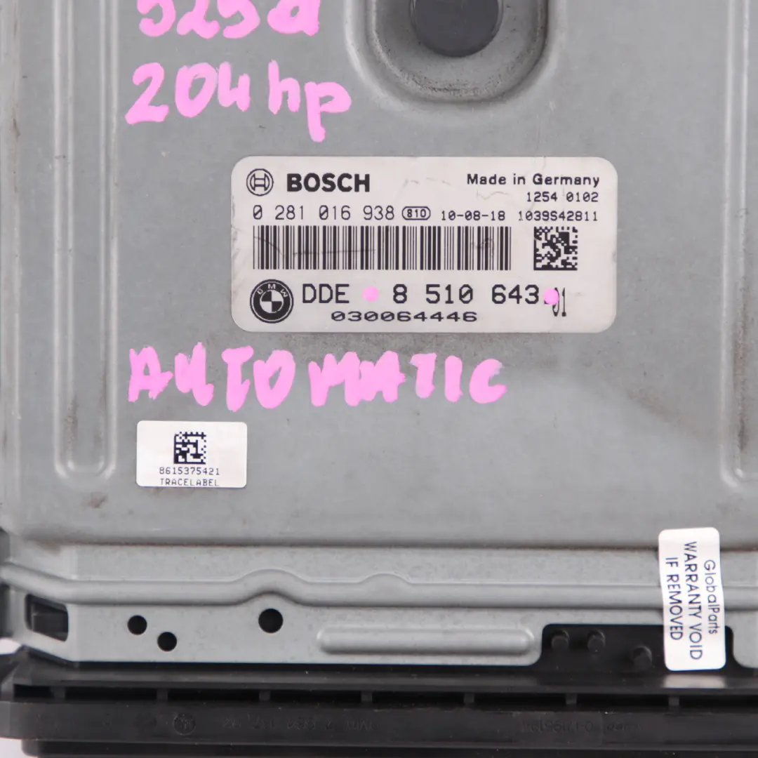 N57 204HP Engine Control Unit ECU Module DDE Automatic to BMW F10 F11 525d with Part number 8510643 BMW F10 F11 525d N57 204HP Engine Control Unit ECU Module DDE Automatic - SKU 8510643 - Part number 8510643