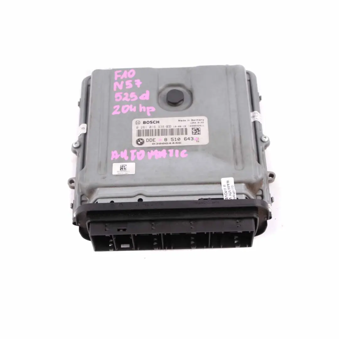 N57 204HP Engine Control Unit ECU Module DDE Automatic to BMW F10 F11 525d with Part number 8510643 BMW F10 F11 525d N57 204HP Engine Control Unit ECU Module DDE Automatic - SKU 8510643 - Part number 8510643