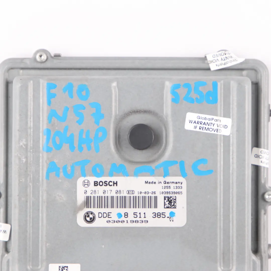 N57 204HP Engine Control Unit ECU Module DDE Automatic to BMW F10 F11 525d with Part number 8511385 BMW F10 F11 525d N57 204HP Engine Control Unit ECU Module DDE Automatic - SKU 8511385 - Part number 8511385