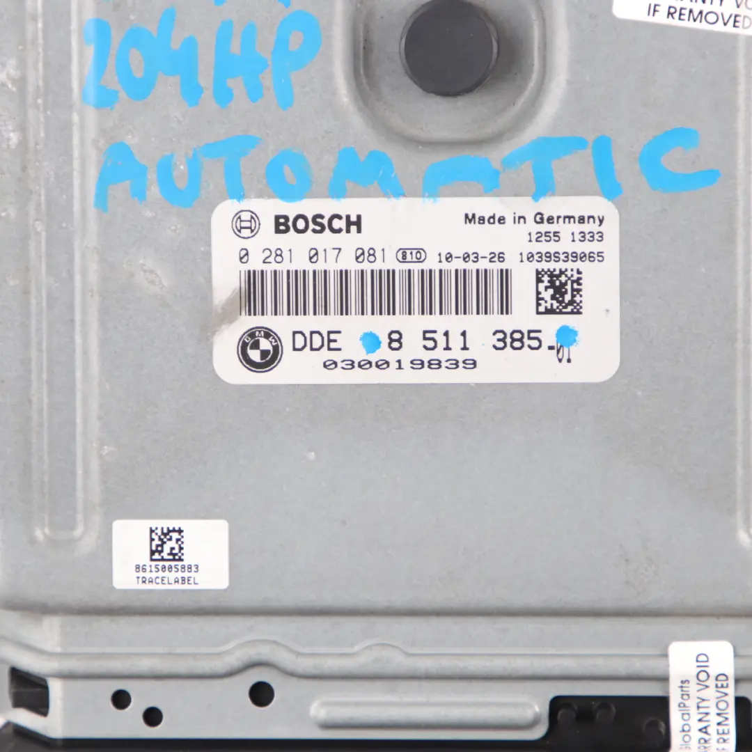 N57 204HP Engine Control Unit ECU Module DDE Automatic to BMW F10 F11 525d with Part number 8511385 BMW F10 F11 525d N57 204HP Engine Control Unit ECU Module DDE Automatic - SKU 8511385 - Part number 8511385