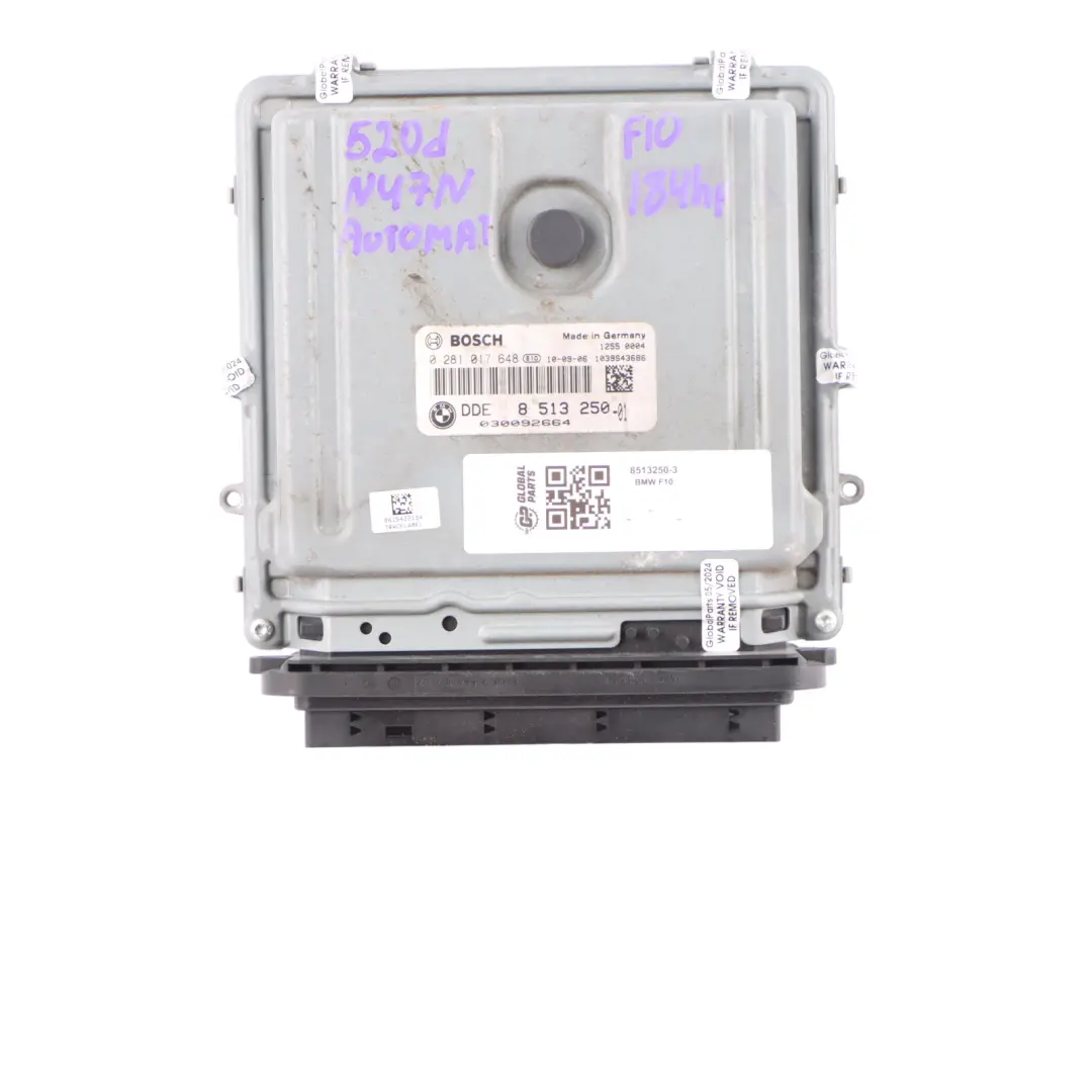 BMW F10 F11 520d Diesel N47N 184HP Engine ECU Kit DDE CAS4 Key Automatic - SKU 8513250-3 - Part number 8513250