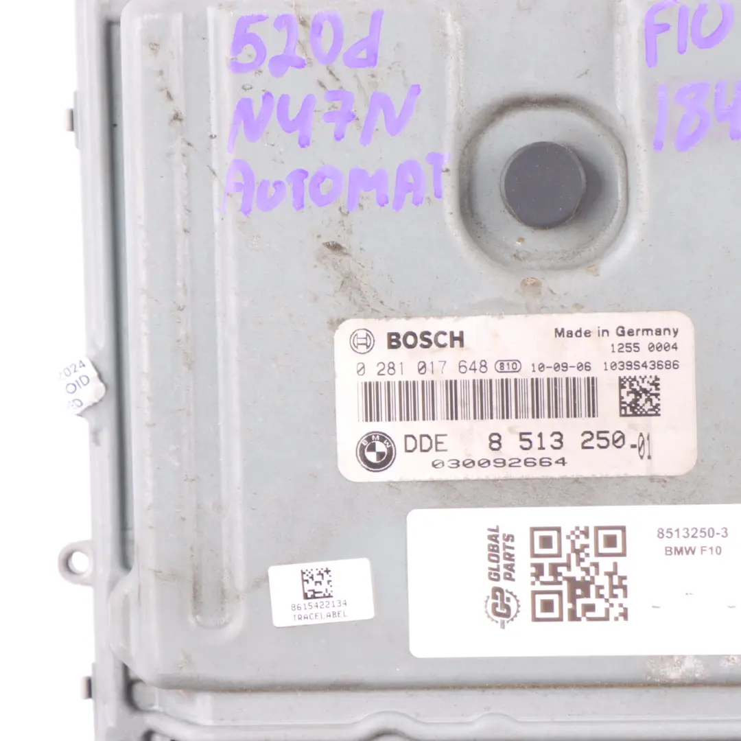 BMW F10 F11 520d Diesel N47N 184HP Engine ECU Kit DDE CAS4 Key Automatic - SKU 8513250-3 - Part number 8513250