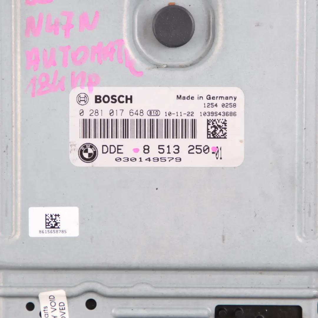 N47N 184HP Engine Control Unit ECU DDE Automatic to BMW F10 F11 520d Diesel with Part number 8513250 BMW F10 F11 520d Diesel N47N 184HP Engine Control Unit ECU DDE Automatic - SKU 8513250 - Part number 8513250