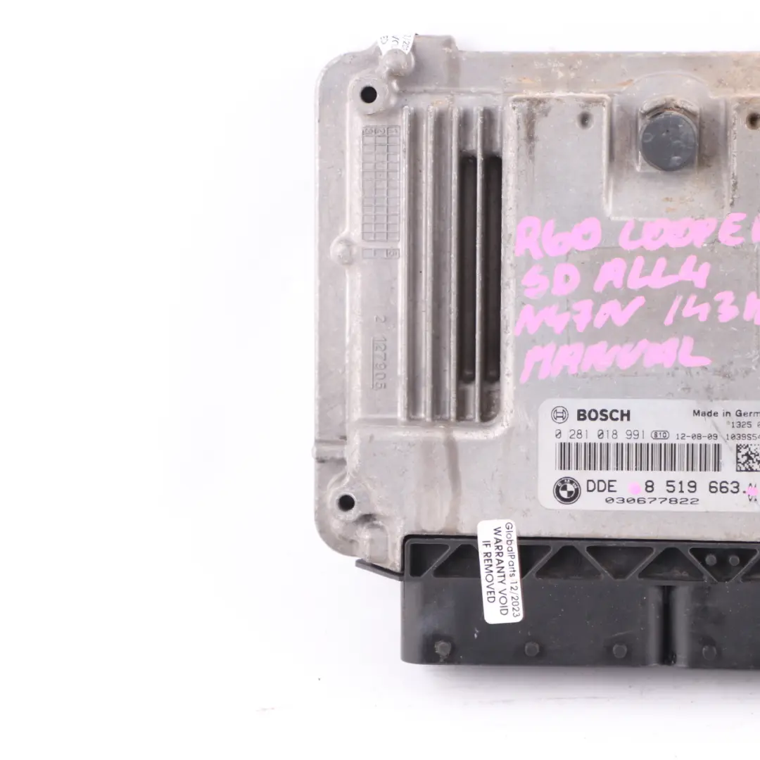 N47N 143HP Diesel Engine ECU DDE Manual Gearbox to Mini Cooper SD ALL 4 R60 with Part number 8519663 Mini Cooper SD ALL 4 R60 N47N 143HP Diesel Engine ECU DDE Manual Gearbox - SKU 8519663-17 - Part number 8519663