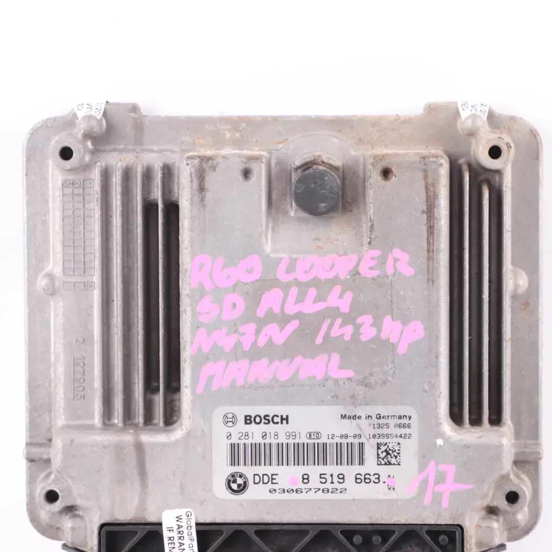 N47N 143HP Diesel Engine ECU DDE Manual Gearbox to Mini Cooper SD ALL 4 R60 with Part number 8519663 Mini Cooper SD ALL 4 R60 N47N 143HP Diesel Engine ECU DDE Manual Gearbox - SKU 8519663-17 - Part number 8519663