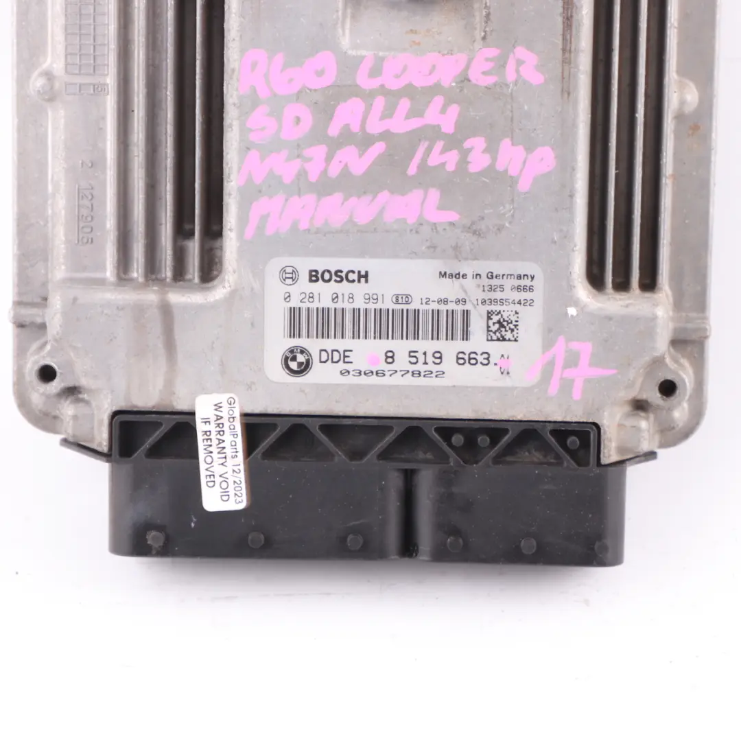 N47N 143HP Diesel Engine ECU DDE Manual Gearbox to Mini Cooper SD ALL 4 R60 with Part number 8519663 Mini Cooper SD ALL 4 R60 N47N 143HP Diesel Engine ECU DDE Manual Gearbox - SKU 8519663-17 - Part number 8519663