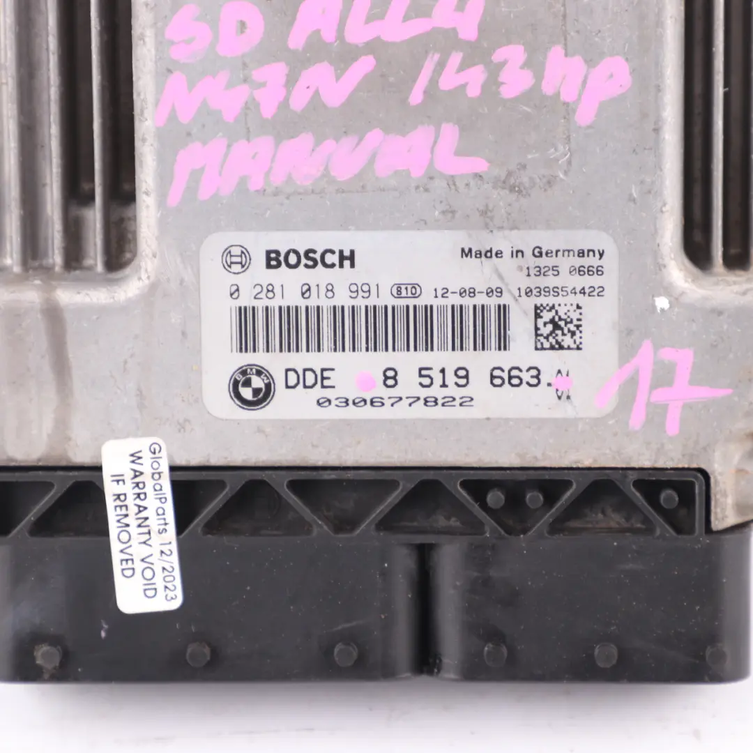 Mini Cooper SD ALL 4 R60 N47N 143HP Diesel Engine ECU DDE Manual Gearbox - SKU 8519663-17 - Part number 8519663