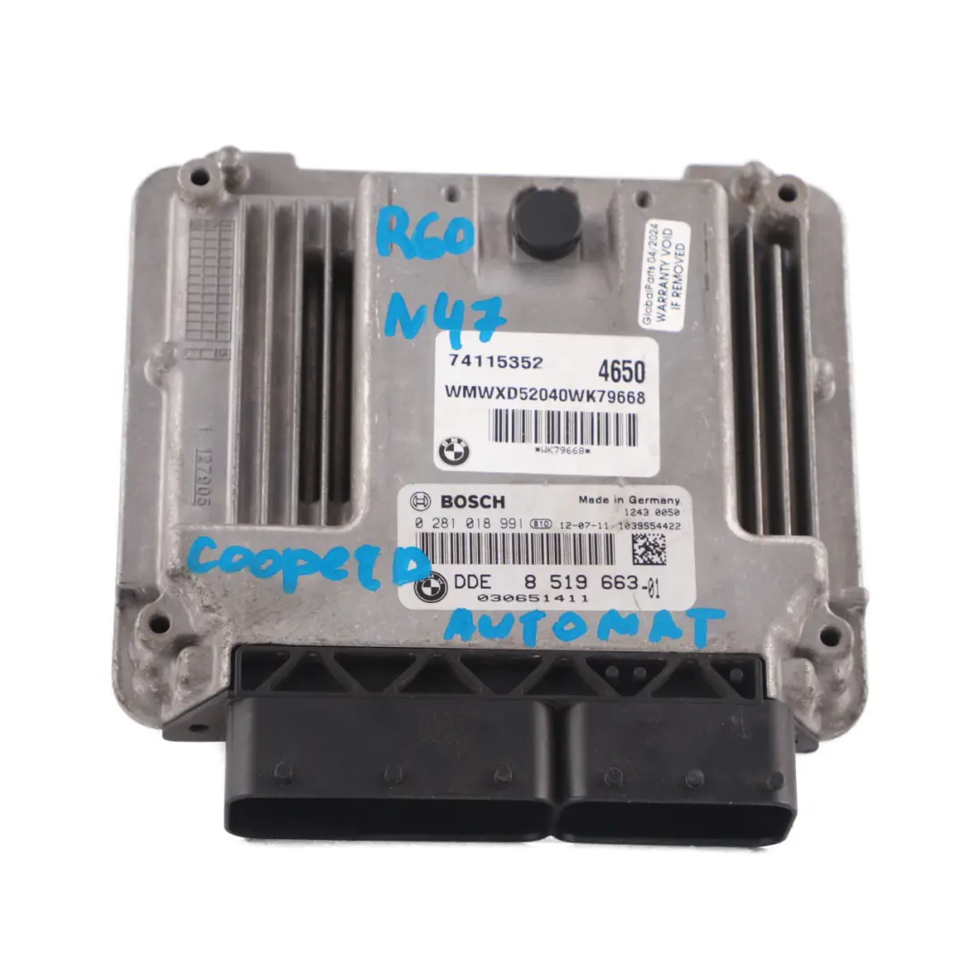 N47N 112HP Diesel Engine ECU DDE Automatic to Mini Cooper D R55 R56 R60 with Part number 8519663 Mini Cooper D R55 R56 R60 N47N 112HP Diesel Engine ECU DDE Automatic - SKU 8519663-19 - Part number 8519663
