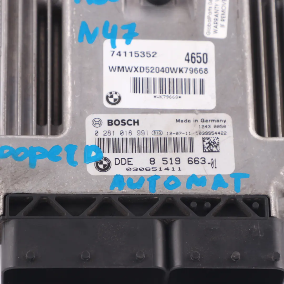 N47N 112HP Dieselmotor ECU DDE Automatik für Mini Cooper D R55 R56 R60 mit Teilenummer 8519663 Mini Cooper D R55 R56 R60 N47N 112HP Dieselmotor ECU DDE Automatik - SKU 8519663-19 - Teilenummer 8519663