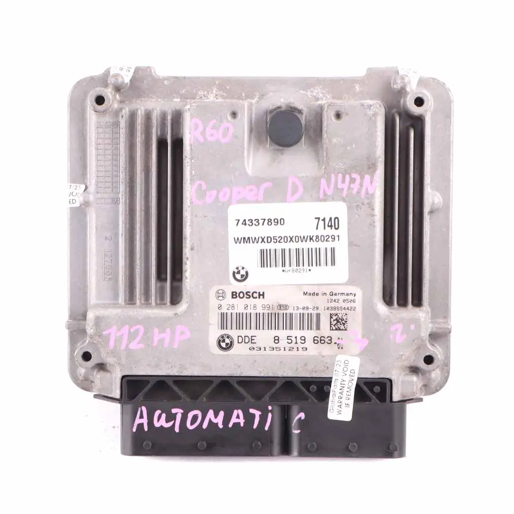 Mini Cooper D R55 R56 LCI R60 N47N 112HP Moteur ECU Kit DDE CAS 3 Clé - SKU 8519663-3 - Numéro de pièce 8519663