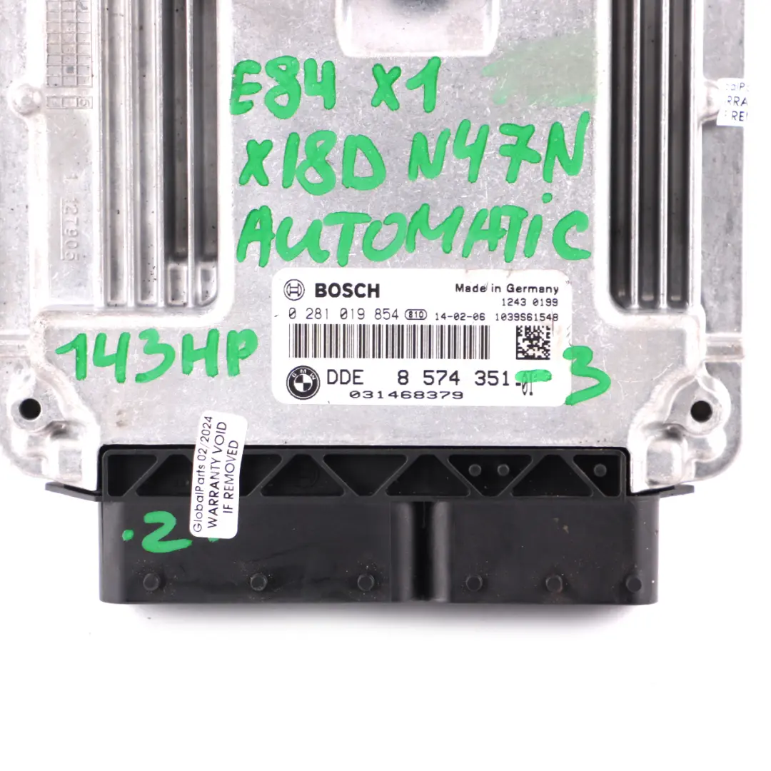 BMW X1 E84 18d 18dX Diesel N47N 143HP Unité moteur ECU DDE Automatic - SKU 8574351-3 - Numéro de pièce 8574351