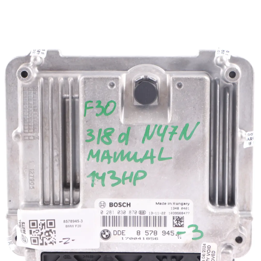 BMW F20 118d F30 318d N47N 143HP ECU Engine Contol Unit DDE Manual - SKU 8578945-3 - Part number 8578945