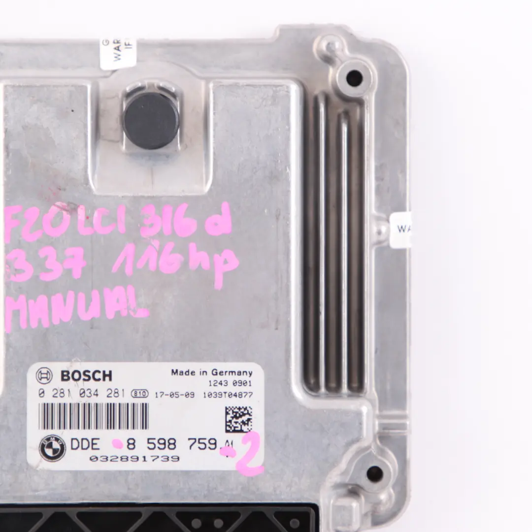 BMW F20 F30 LCI 116d 316d Diesel B37 ECU Engine Control Unit DDE Manual - SKU 8598759-2 - Part number 8598759