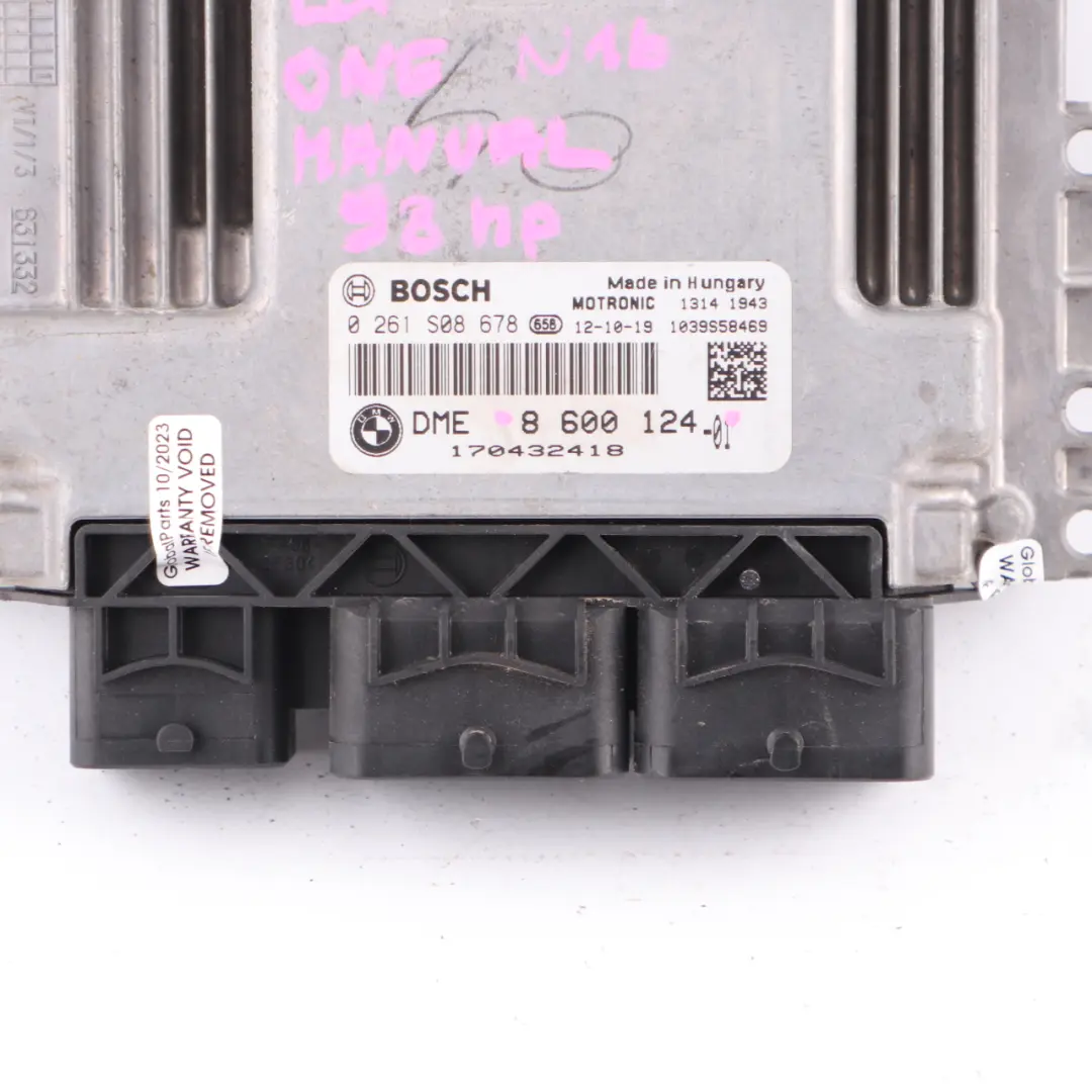 98HP Engine Control Unit Module ECU DME Manual to Mini One R56 LCI R60 N16 with Part number 8600124 Mini One R56 LCI R60 N16 98HP Engine Control Unit Module ECU DME Manual - SKU 8600124 - Part number 8600124