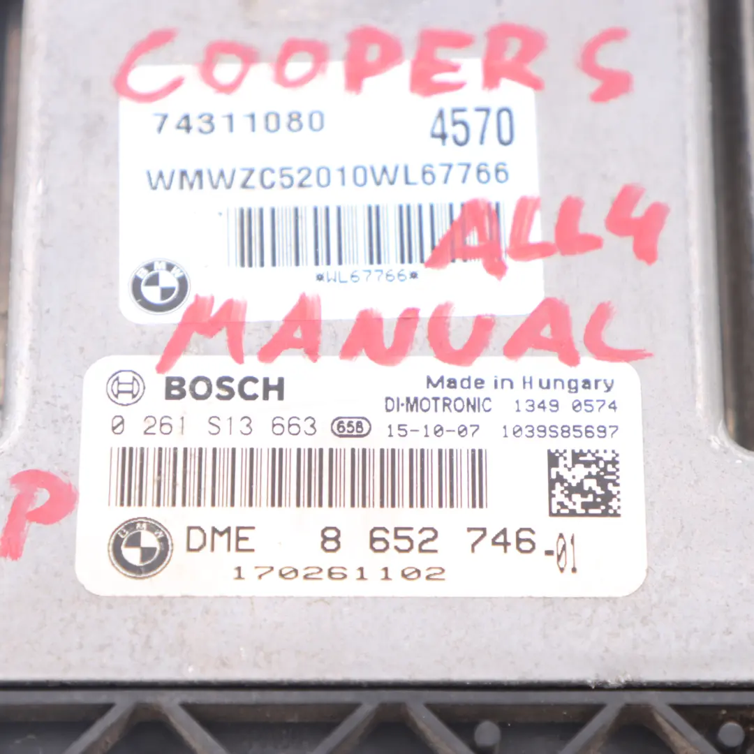 184CV ECU Unité contrôle DME Manuel pour Mini Cooper S R60 ALL4 N18 1.6 à propos du numéro de pièce 8652746 Mini Cooper S R60 ALL4 N18 1.6 184CV ECU Unité contrôle DME Manuel - SKU 8652746 - Numéro de pièce 8652746