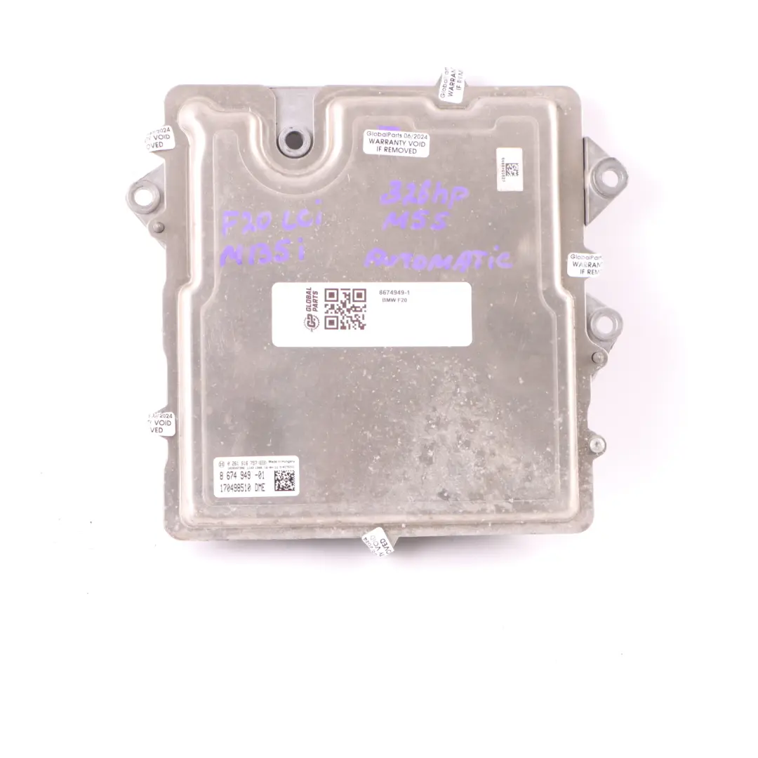 N55 326HP Engine Control Unit ECU DME Automatic to BMW F20 M135i F30 335i with Part number 8674949 BMW F20 M135i F30 335i N55 326HP Engine Control Unit ECU DME Automatic - SKU 8674949-1 - Part number 8674949
