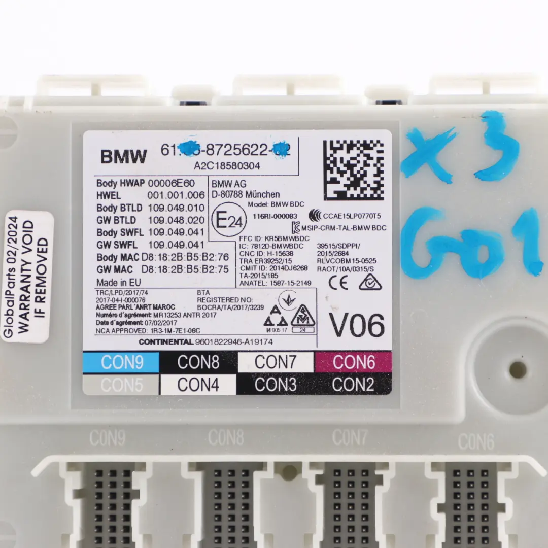 Body Control Module Domain Controller Unit BDC ECU to BMW X3 G01 with Part number 8725622 BMW X3 G01 Body Control Module Domain Controller Unit BDC ECU - SKU 8725622 - Part number 8725622