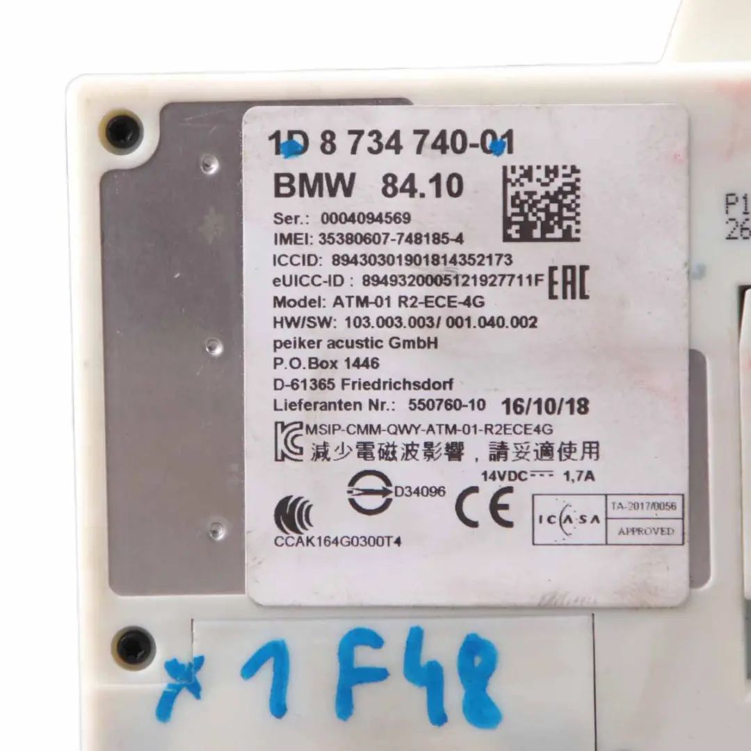 BMW X1 F48 F45 G30 Telematics Module Bluetooth Telephone Control Unit - SKU 8734740 - Part number 8734740