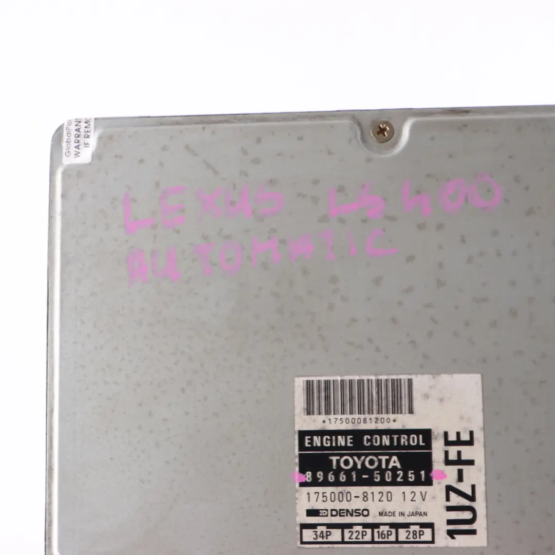 LS400 1UZ-FE 4.0 Petrol Engine Control Module ECU Automatic to Lexus with Part number 89661-50251 Lexus LS400 1UZ-FE 4.0 Petrol Engine Control Module ECU Automatic - SKU 89661-50251 - Part number 89661-50251