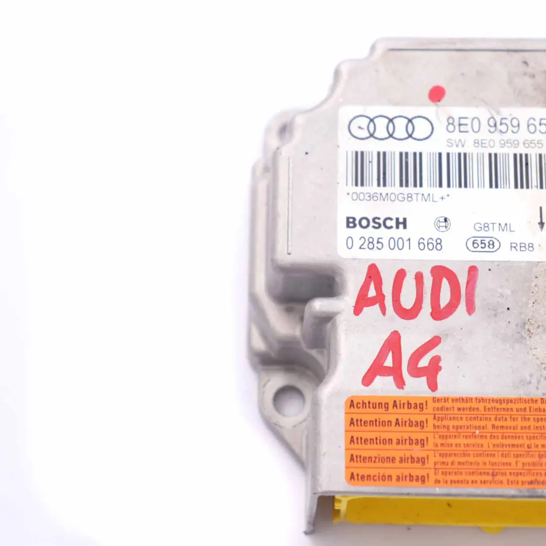 Airbag Modul Audi A4 B6 B7 ECU Steuergerät Crash Sensor Air Bag für mit Teilenummer 8E0959655G Airbag Modul Audi A4 B6 B7 ECU Steuergerät Crash Sensor Air Bag - SKU 8E0959655G - Teilenummer 8E0959655G