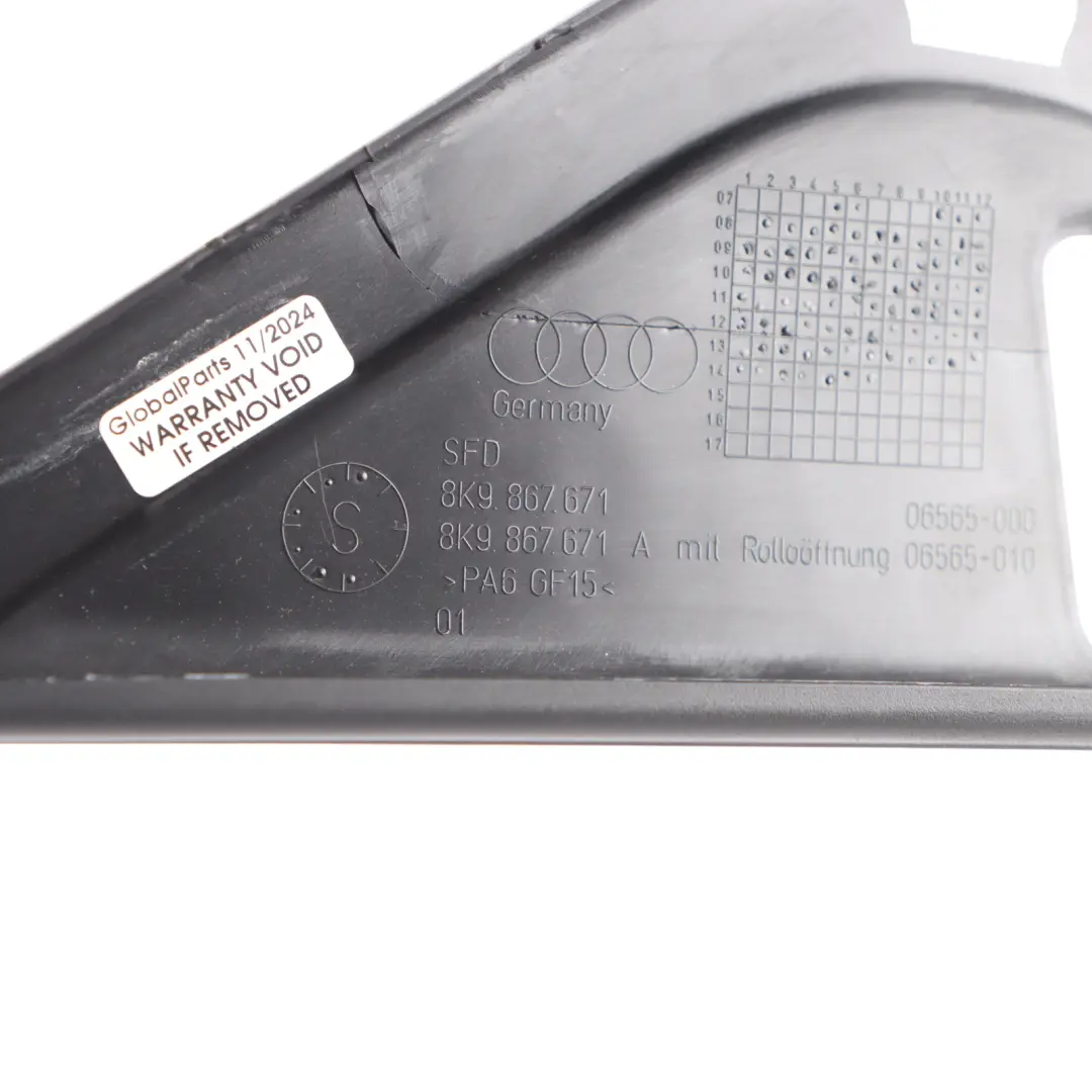 Puerta Marco Ventana Cubre Recorte Trasero Izquierdo para Audi A4 RS4 B8 con número de pieza 8K9867671 Audi A4 RS4 B8 Puerta Marco Ventana Cubre Recorte Trasero Izquierdo - SKU 8K9867671 - Número de pieza 8K9867671