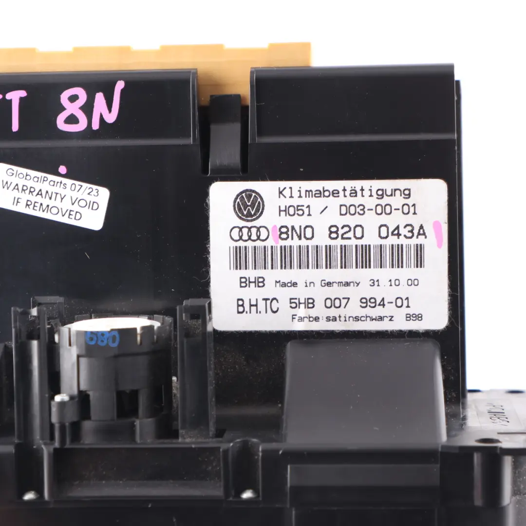 8N 1 Air Conditioning Heater Climate Control A/C Unit Panel to Audi TT with Part number 8N0820043A Audi TT 8N 1 Air Conditioning Heater Climate Control A/C Unit Panel - SKU 8N0820043A - Part number 8N0820043A
