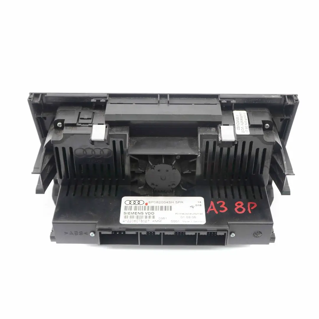 Audi A3 8P Chauffage Climatisation Unité A/C Panneau de commutation - SKU 8P0820043H - Numéro de pièce 8P0820043H