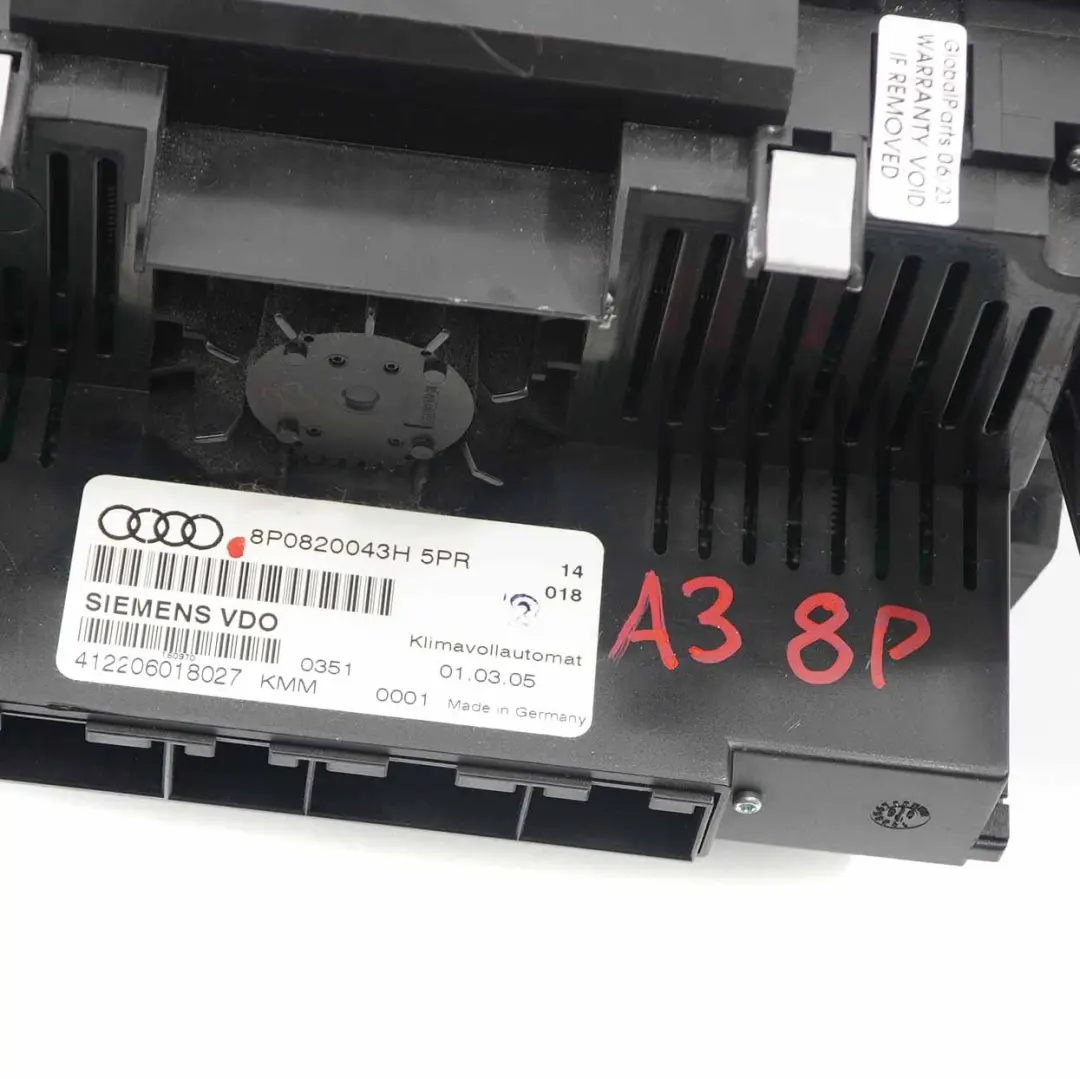 Audi A3 8P Chauffage Climatisation Unité A/C Panneau de commutation - SKU 8P0820043H - Numéro de pièce 8P0820043H