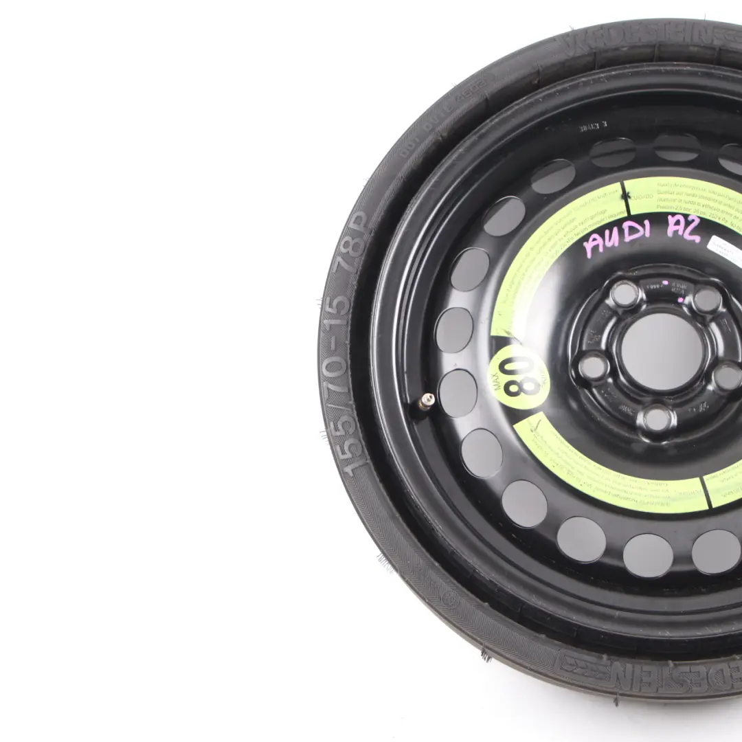 Spare Wheel Audi A2 Compact Wheel Steel R15 Tyre 155/70 5Jx15 ET:28 to with Part number 8Z0601027A Spare Wheel Audi A2 Compact Wheel Steel R15 Tyre 155/70 5Jx15 ET:28 - SKU 8Z0601027A - Part number 8Z0601027A
