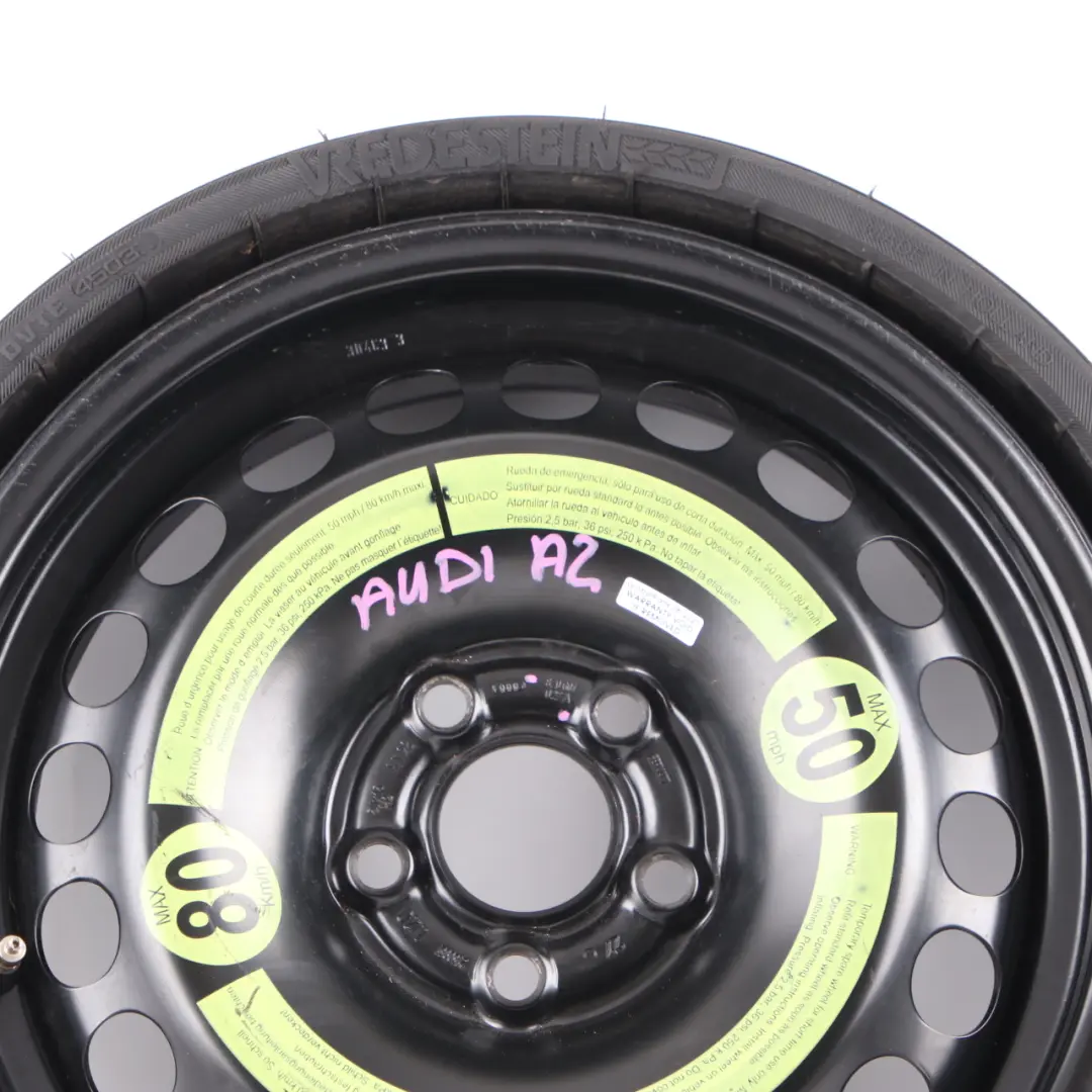 Spare Wheel Audi A2 Compact Wheel Steel R15 Tyre 155/70 5Jx15 ET:28 to with Part number 8Z0601027A Spare Wheel Audi A2 Compact Wheel Steel R15 Tyre 155/70 5Jx15 ET:28 - SKU 8Z0601027A - Part number 8Z0601027A