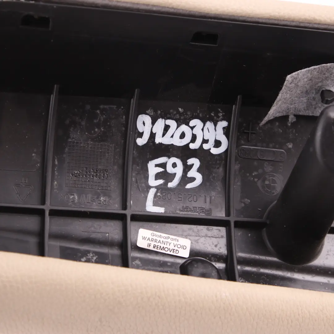 Side Finisher Rear Seat Left N/S Lateral Cover Cream Beige Leather to BMW E93 with Part number 9120395 BMW E93 Side Finisher Rear Seat Left N/S Lateral Cover Cream Beige Leather - SKU 9120395 - Part number 9120395