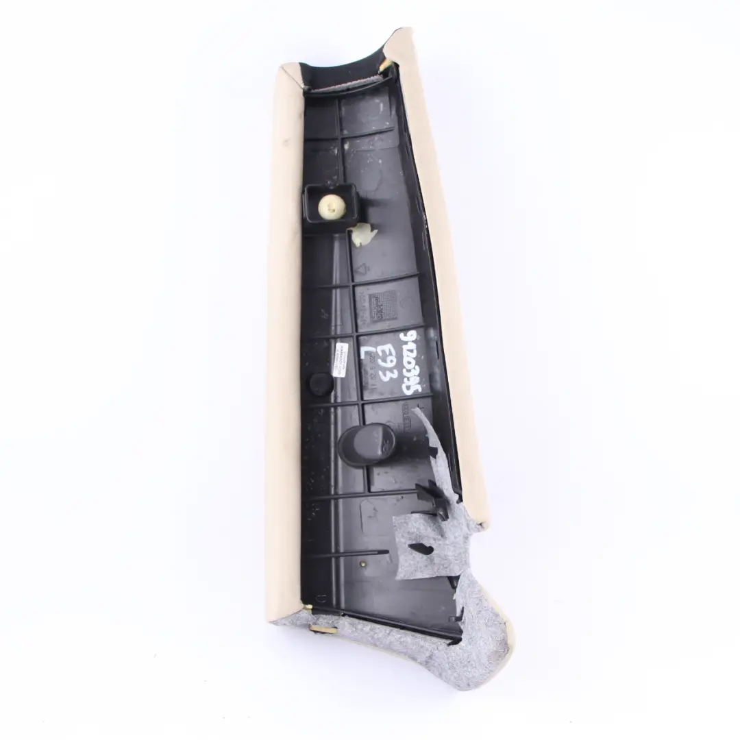 Side Finisher Rear Seat Left N/S Lateral Cover Cream Beige Leather to BMW E93 with Part number 9120395 BMW E93 Side Finisher Rear Seat Left N/S Lateral Cover Cream Beige Leather - SKU 9120395 - Part number 9120395