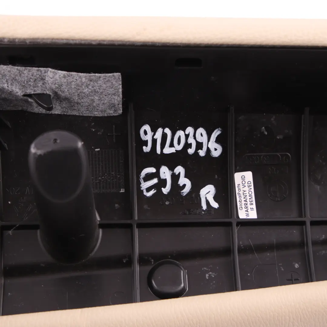 Side Finisher Rear Seat Right O/S Lateral Cover Cream Beige Leather to BMW E93 with Part number 9120396 BMW E93 Side Finisher Rear Seat Right O/S Lateral Cover Cream Beige Leather - SKU 9120396 - Part number 9120396