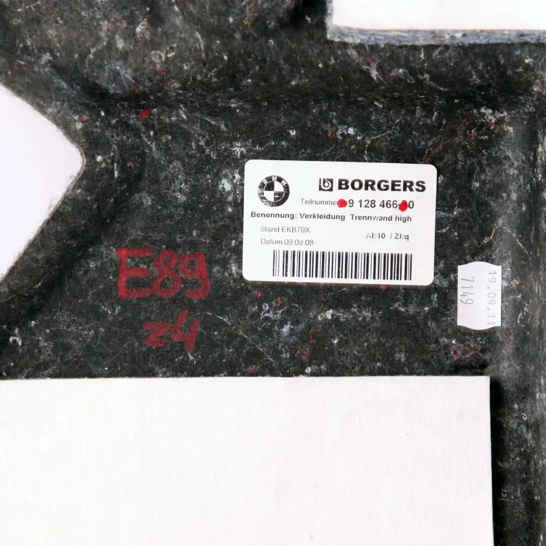 Baule parete divisoria pannello rivestimento per BMW Z4 E89 Cabrio Roadster con numero di parte 9128466 BMW Z4 E89 Cabrio Roadster Baule parete divisoria pannello rivestimento - SKU 9128466 - Numero di parte 9128466