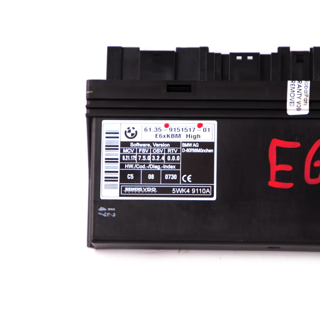 Body Control Module ECU Unit E6X KBM High to BMW 5 Series E61 Touring with Part number 9151517 BMW 5 Series E61 Touring Body Control Module ECU Unit E6X KBM High - SKU 9151517 - Part number 9151517