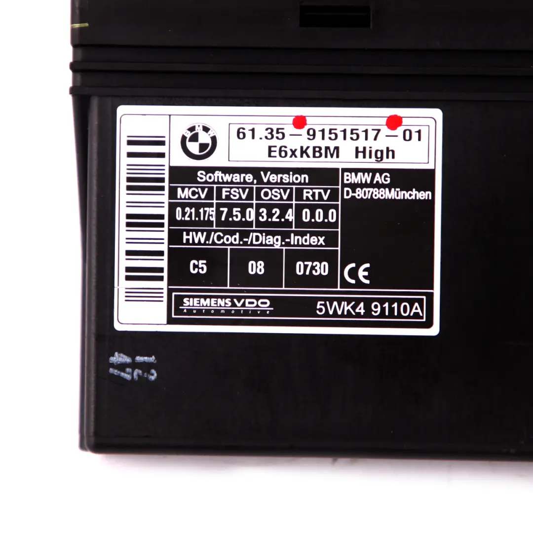 Body Control Module ECU Unit E6X KBM High to BMW 5 Series E61 Touring with Part number 9151517 BMW 5 Series E61 Touring Body Control Module ECU Unit E6X KBM High - SKU 9151517 - Part number 9151517