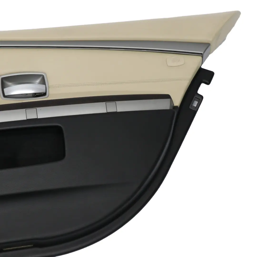 Right O/S Door Card Leather Cream Beige Lining Trim to BMW E65 Rear with Part number 9153614 BMW E65 Rear Right O/S Door Card Leather Cream Beige Lining Trim - SKU 9153614-1 - Part number 9153614