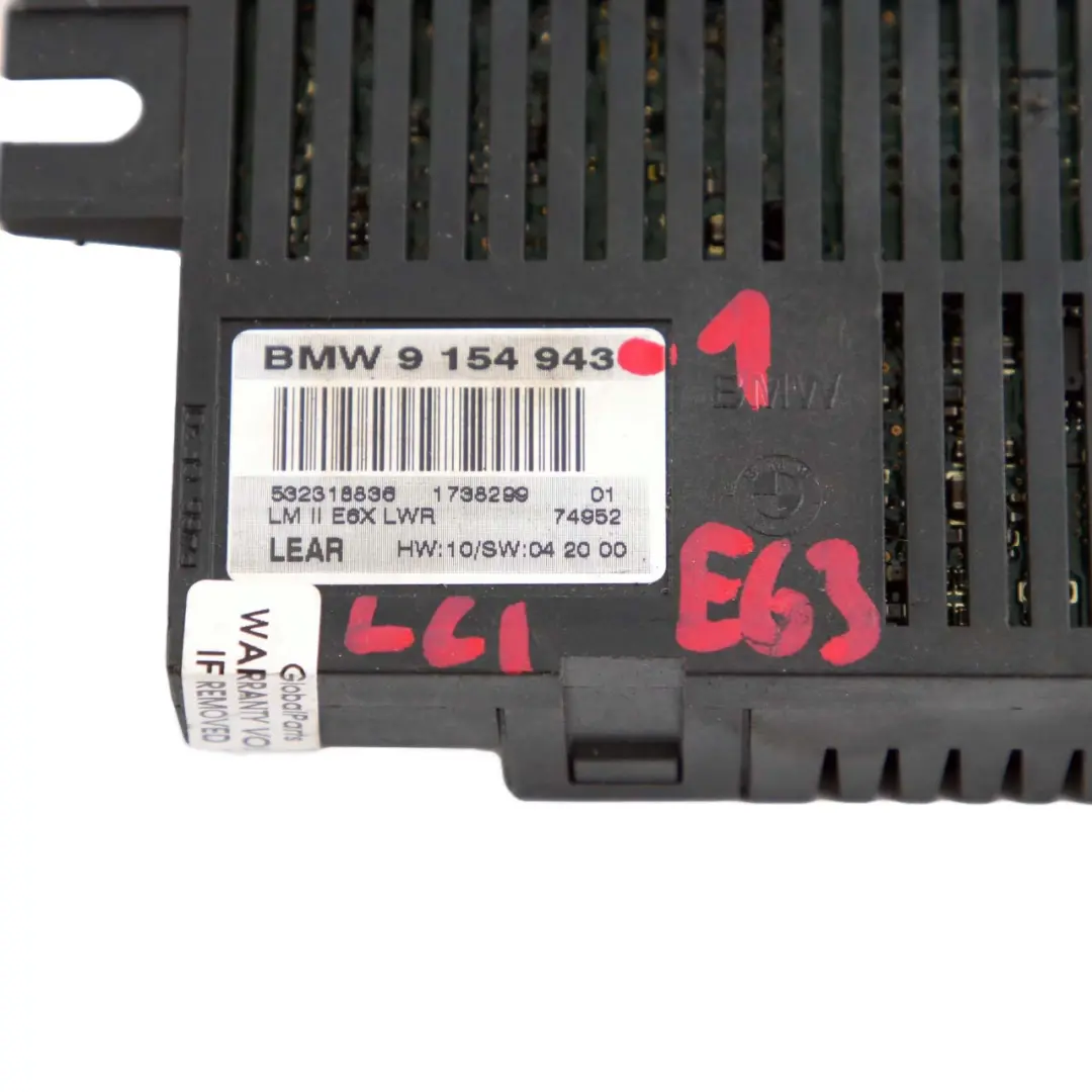 Light Control Unit Module LCM LM E6X LWR LEAR to BMW 6 Series E63 LCI with Part number 9154943 BMW 6 Series E63 LCI Light Control Unit Module LCM LM E6X LWR LEAR - SKU 9154943-1 - Part number 9154943