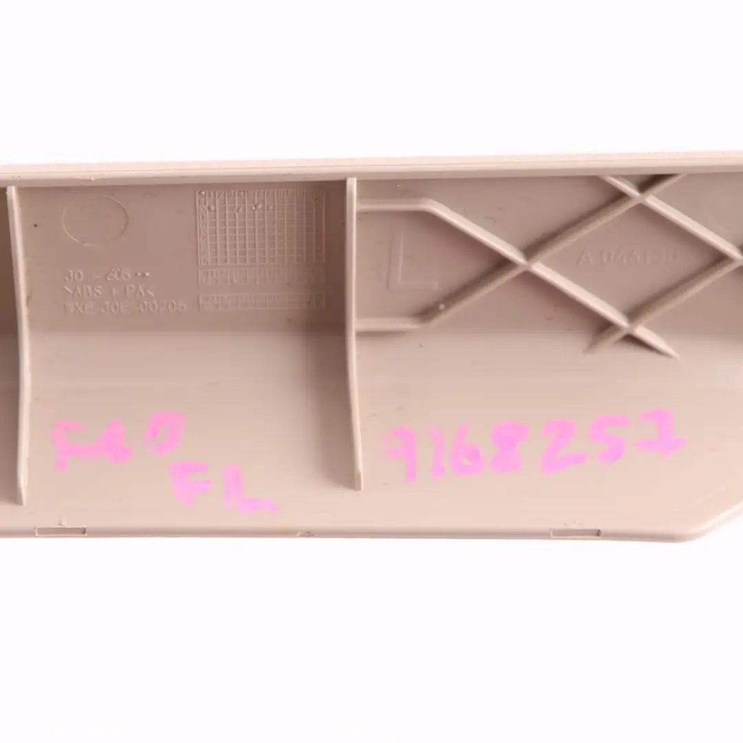 Finisher Upper Rail Exterior Left N/S Oyster to BMW F01 F10 F11 Cover Seat with Part number 9168257 BMW F01 F10 F11 Cover Seat Finisher Upper Rail Exterior Left N/S Oyster - SKU 9168257 - Part number 9168257