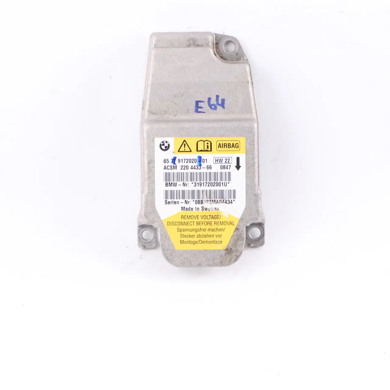 BMW E64 Convertible Capteur du module d'airbag ECU Air Bag Unit 9172020