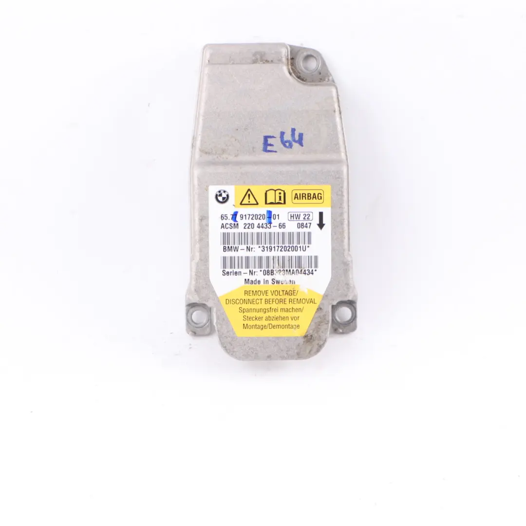 Modulo Airbag Sensore ECU Unità Air Bag per BMW E64 Cabrio con numero di parte 9172020 BMW E64 Cabrio Modulo Airbag Sensore ECU Unità Air Bag - SKU 9172020 - Numero di parte 9172020