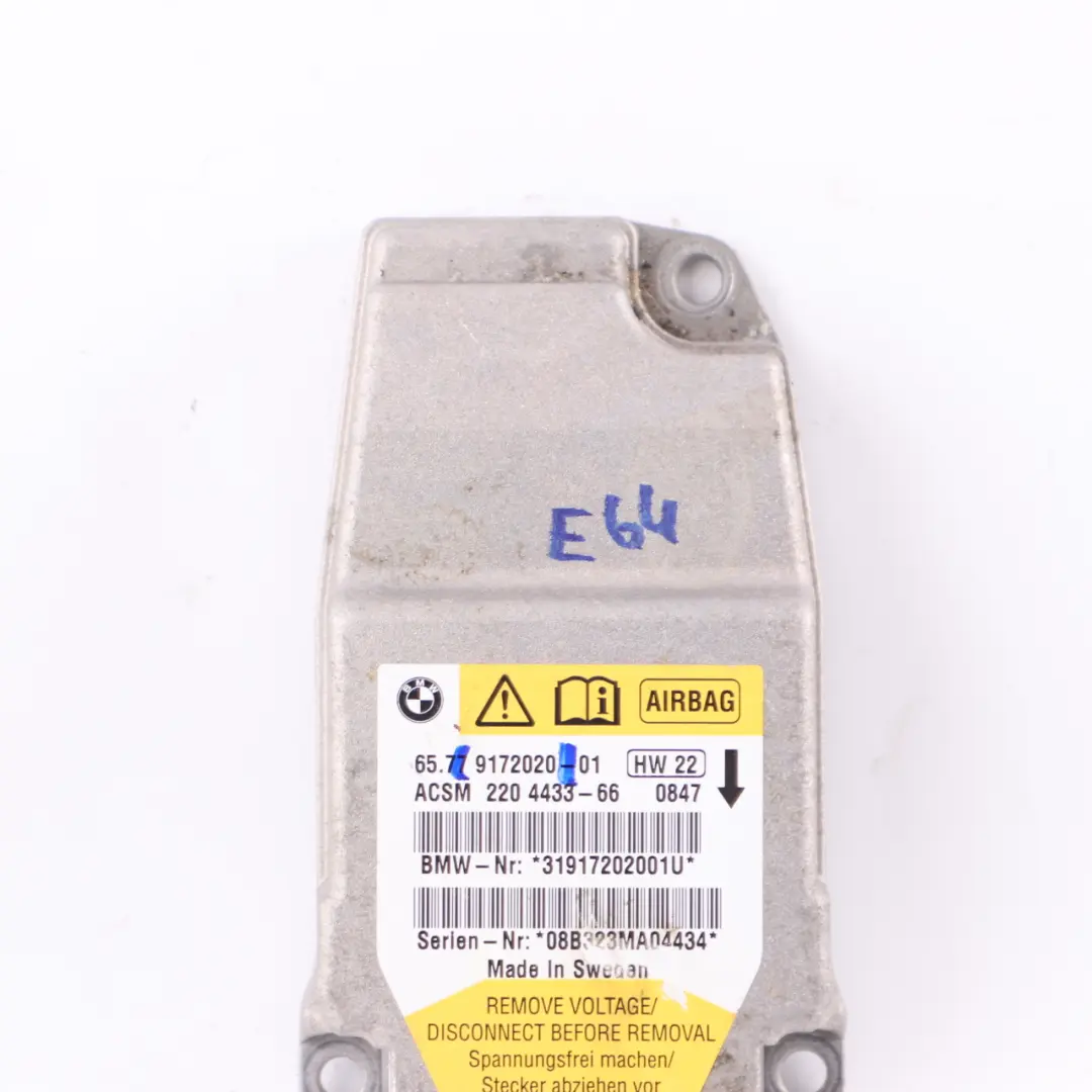 Airbag Module Sensor ECU Air Bag Unit to BMW E64 Convertible with Part number 9172020 BMW E64 Convertible Airbag Module Sensor ECU Air Bag Unit - SKU 9172020 - Part number 9172020