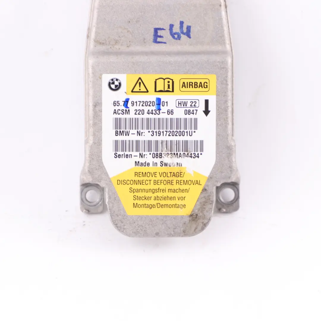 Airbag Module Sensor ECU Air Bag Unit to BMW E64 Convertible with Part number 9172020 BMW E64 Convertible Airbag Module Sensor ECU Air Bag Unit - SKU 9172020 - Part number 9172020