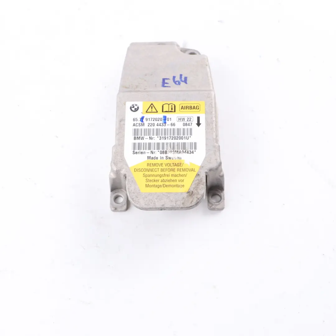 Airbag Module Sensor ECU Air Bag Unit to BMW E64 Convertible with Part number 9172020 BMW E64 Convertible Airbag Module Sensor ECU Air Bag Unit - SKU 9172020 - Part number 9172020